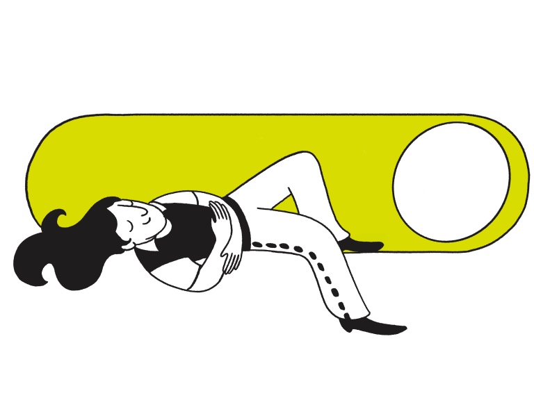 Illustration of a person reclining and relaxing inside a large yellow power button shape.