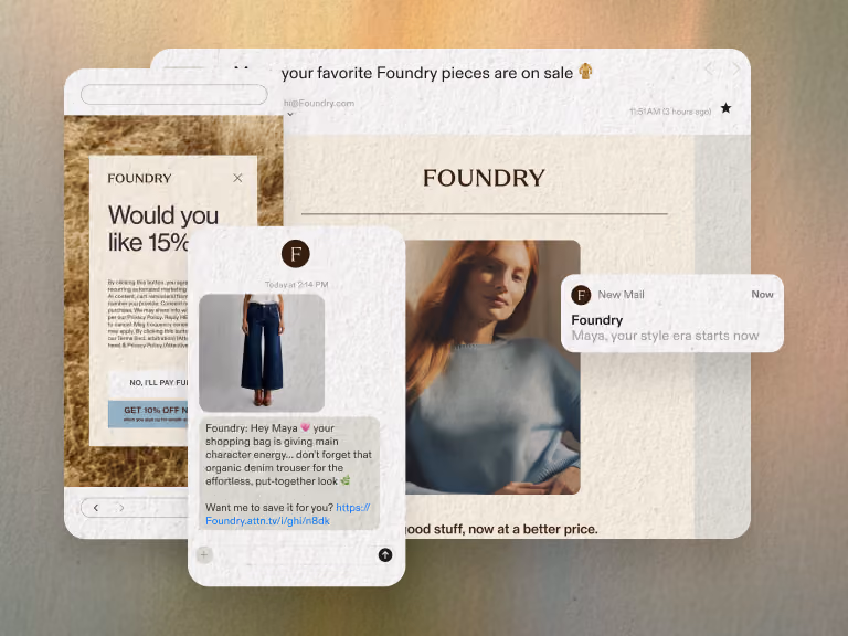 Collage of Foundry brand ads showing email, SMS, and push notifications promoting denim trousers sale.