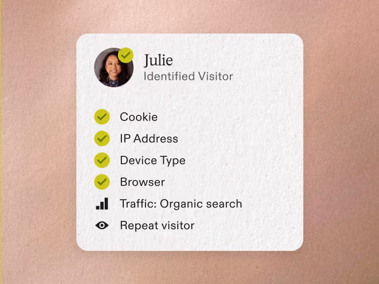 Profile card of Julie, an identified visitor, with checkmarks for cookie, IP, device, browser, and search traffic info.