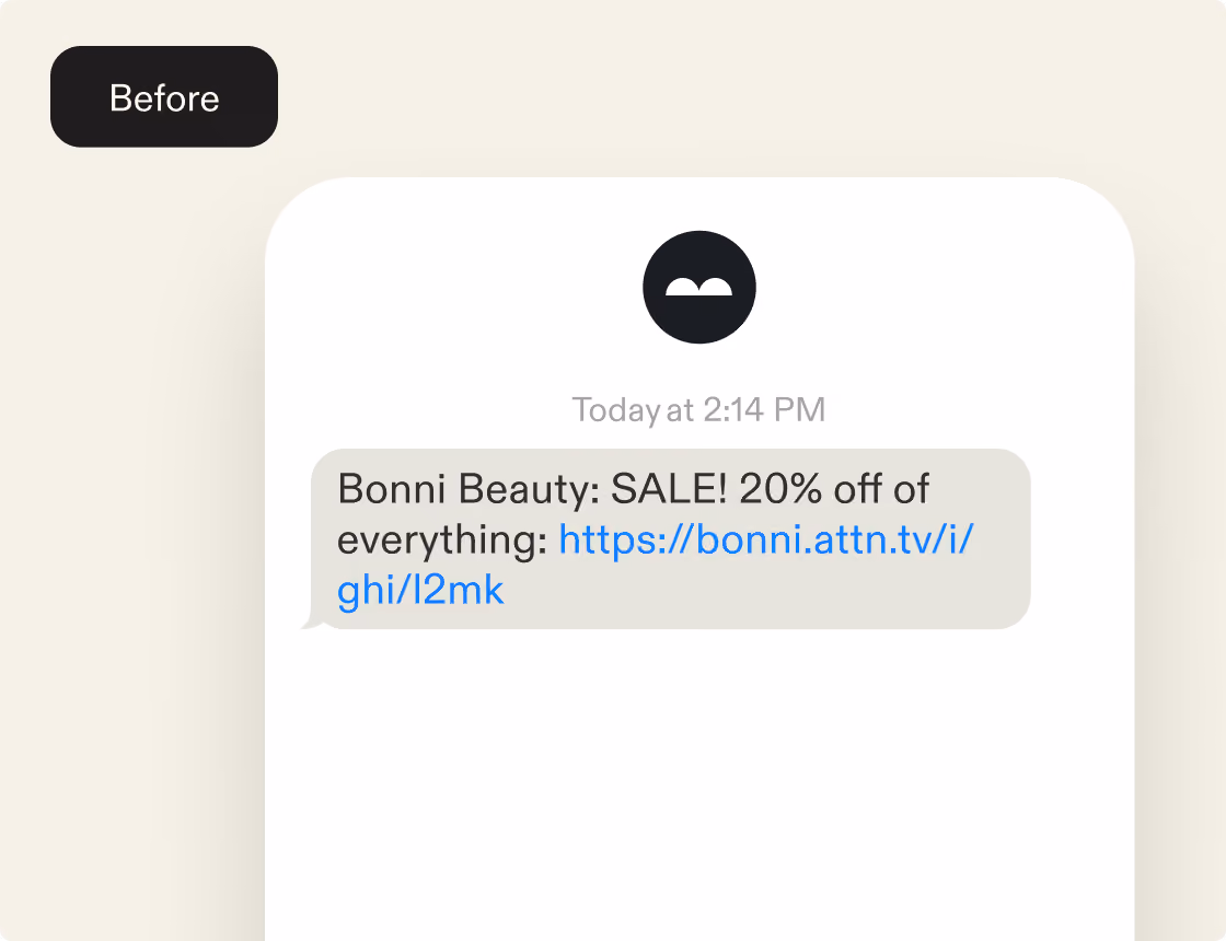 Text message from Bonni Beauty announcing a 20% off sale with a link to shop the sale.