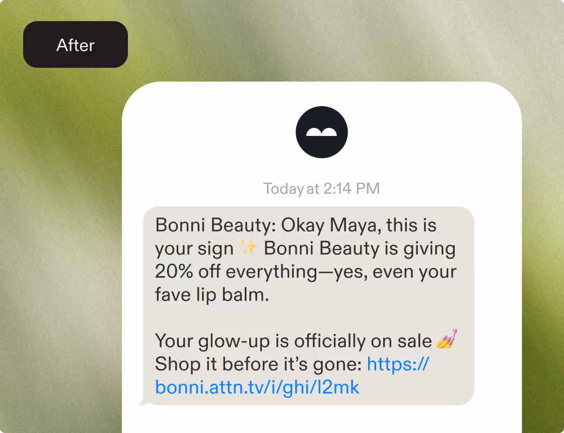 Text message from Bonni Beauty offering 20% off everything including lip balm with a link to shop.