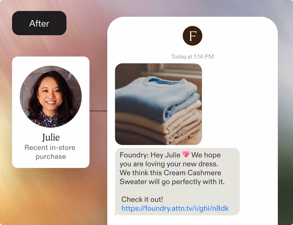 Text message to Julie suggesting a cream cashmere sweater to match her new dress with an image of folded sweaters.