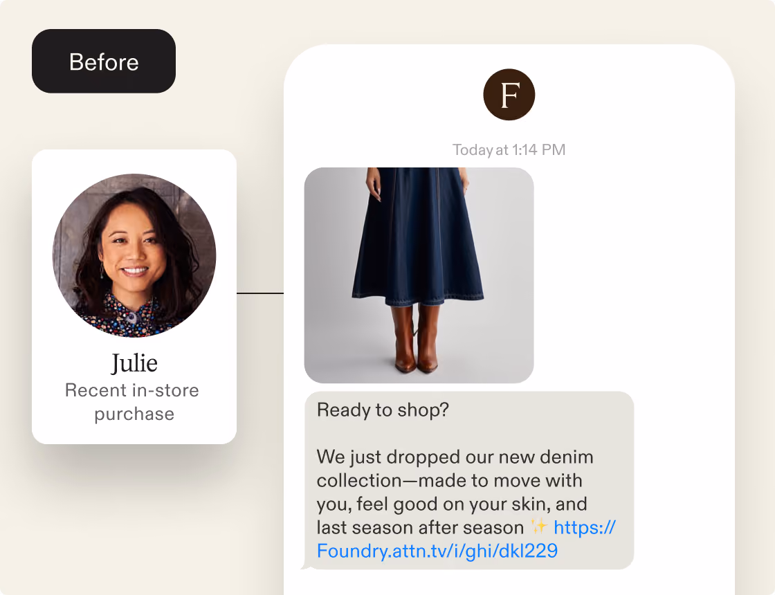Chat message showing a denim skirt with brown boots and a shopping link from user F to Julie's recent purchase.