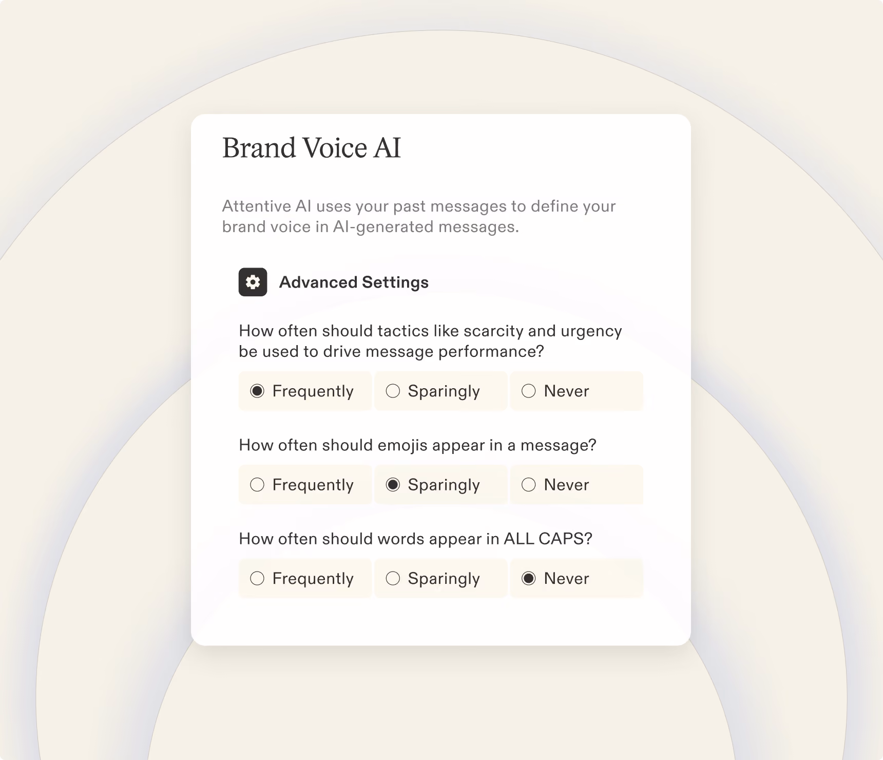 Brand Voice AI settings with options to use scarcity, emojis, and ALL CAPS frequency in messages.