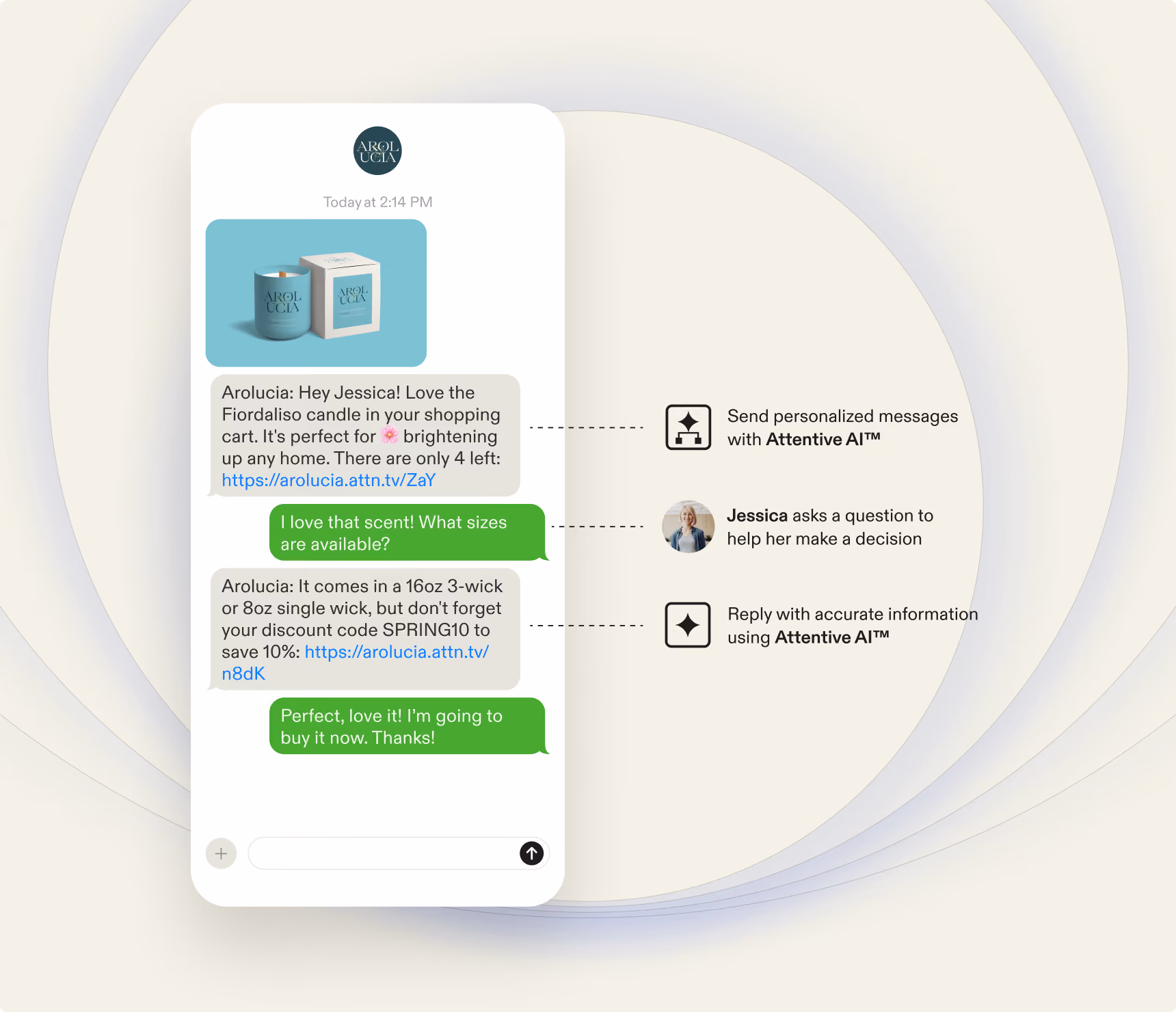 Chat showing personalized AI messages about candle sizes, discount code, and customer inquiry by Jessica.
