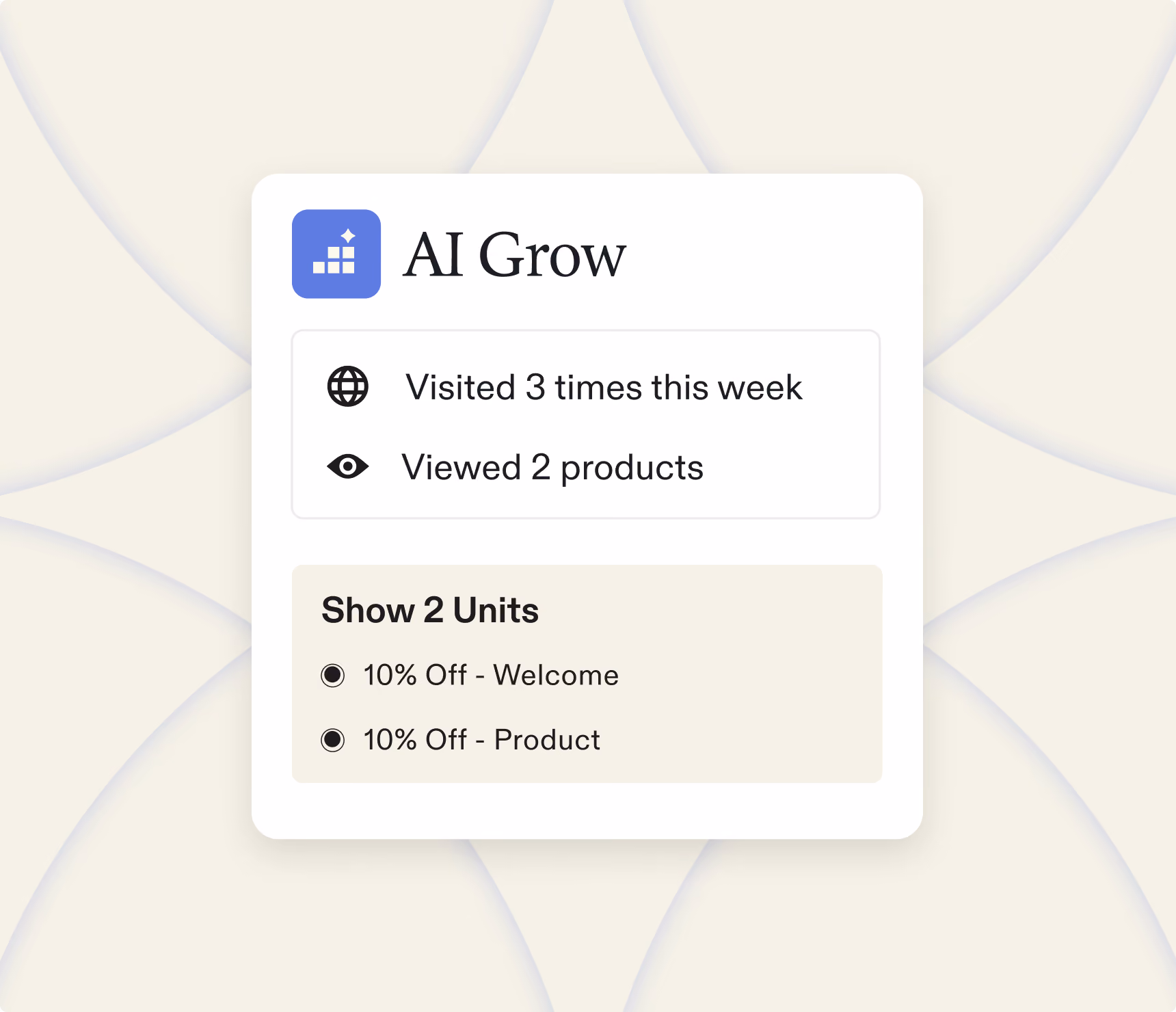 AI Grow summary showing 3 visits this week, 2 products viewed, and 2 discount units offered.