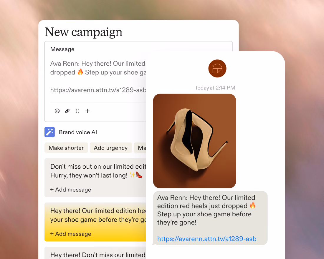 Digital marketing UI showing a message draft and text with image of beige high-heeled shoes.