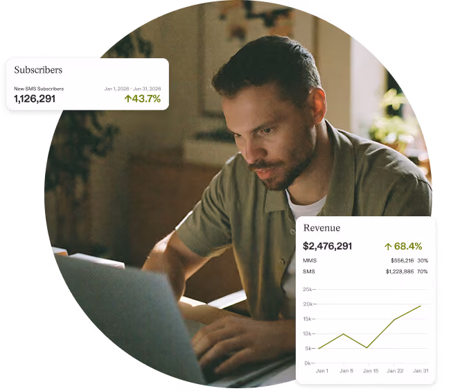 Man working on laptop with overlays showing subscriber growth and revenue statistics from January data.