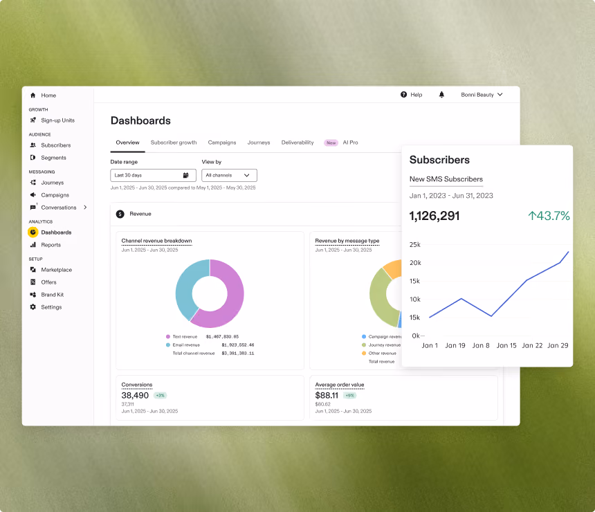 Dashboard interface showing revenue pie charts, conversions, average order value, and a subscribers growth line graph.