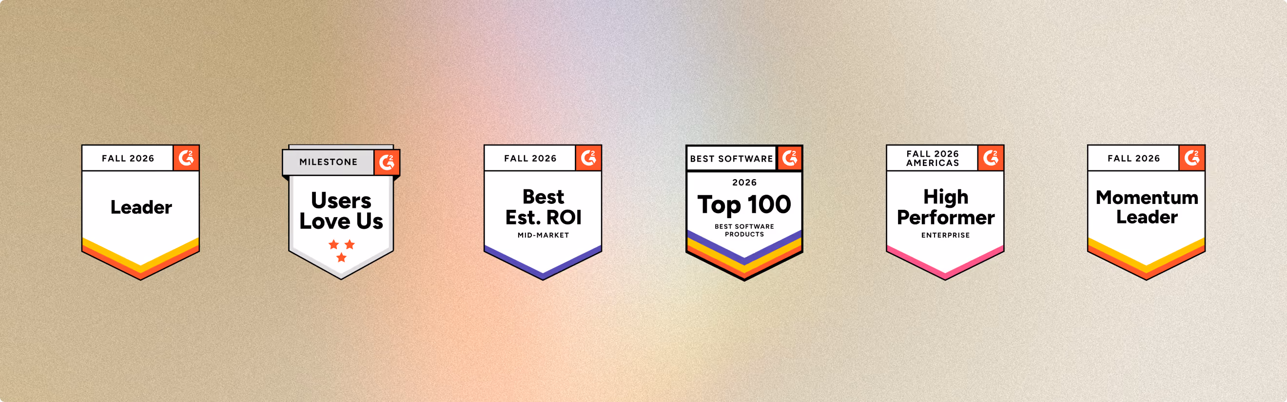 Six G2 badges showing awards for Leader, Users Love Us, Best Est. ROI, Top 100, High Performer, Momentum Leader.