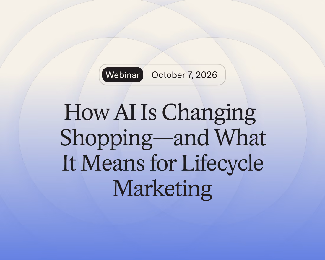 Webinar announcement for October 7, 2026, titled 'How AI Is Changing Shopping—and What It Means for Lifecycle Marketing' with overlapping circular gradient background from cream to blue.