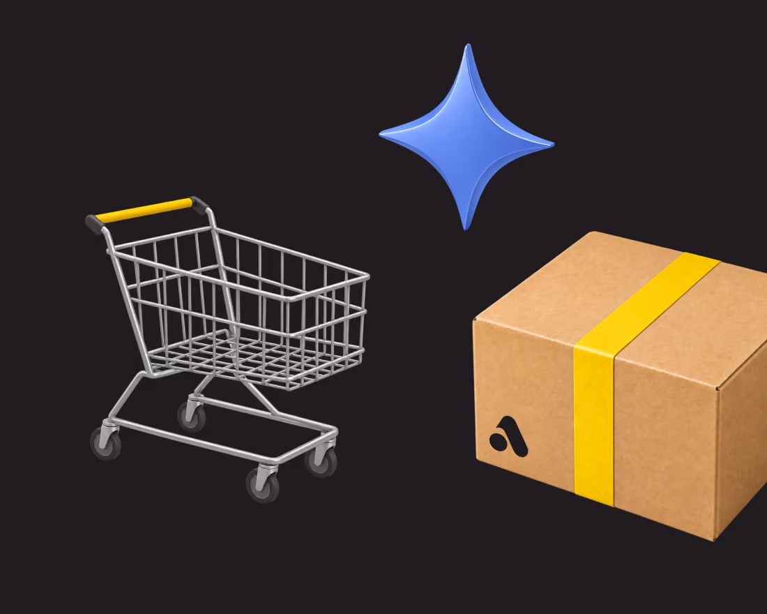 Shopping cart with a yellow handle on the left, a sealed cardboard box with a yellow tape and black logo on the right, and a blue shiny star shape above the box, all against a dark background.