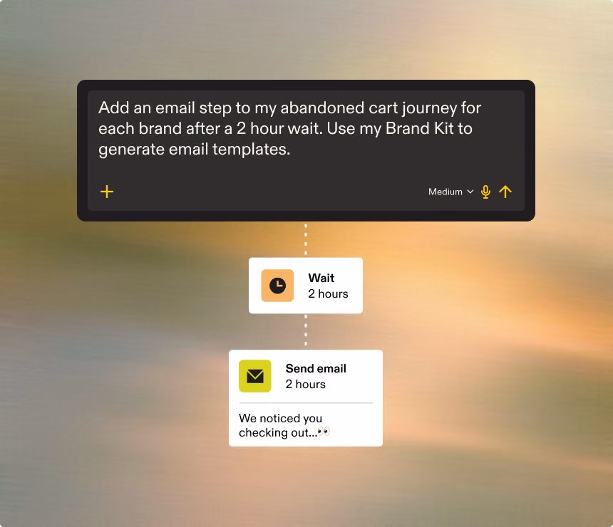 Flowchart showing an email automation setup with a step to wait 2 hours followed by sending an email saying "We noticed you checking out..." for abandoned cart journeys.