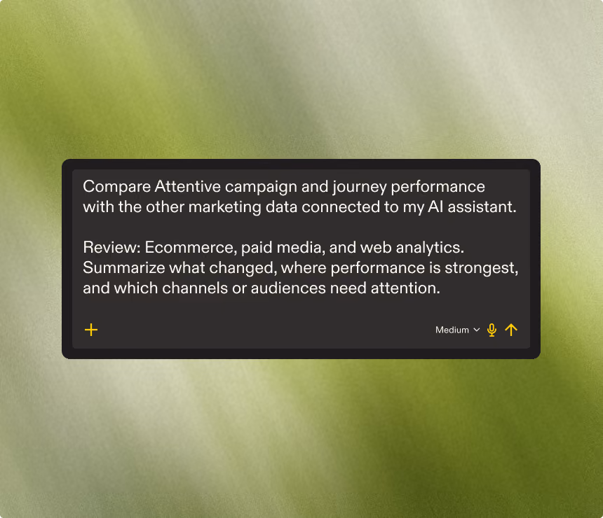 Text box on a green textured background with instructions to compare Attentive campaign and journey performance to other marketing data via an AI assistant, review ecommerce, paid media, and web analytics, and summarize changes, strongest performance, and channels or audiences needing attention.