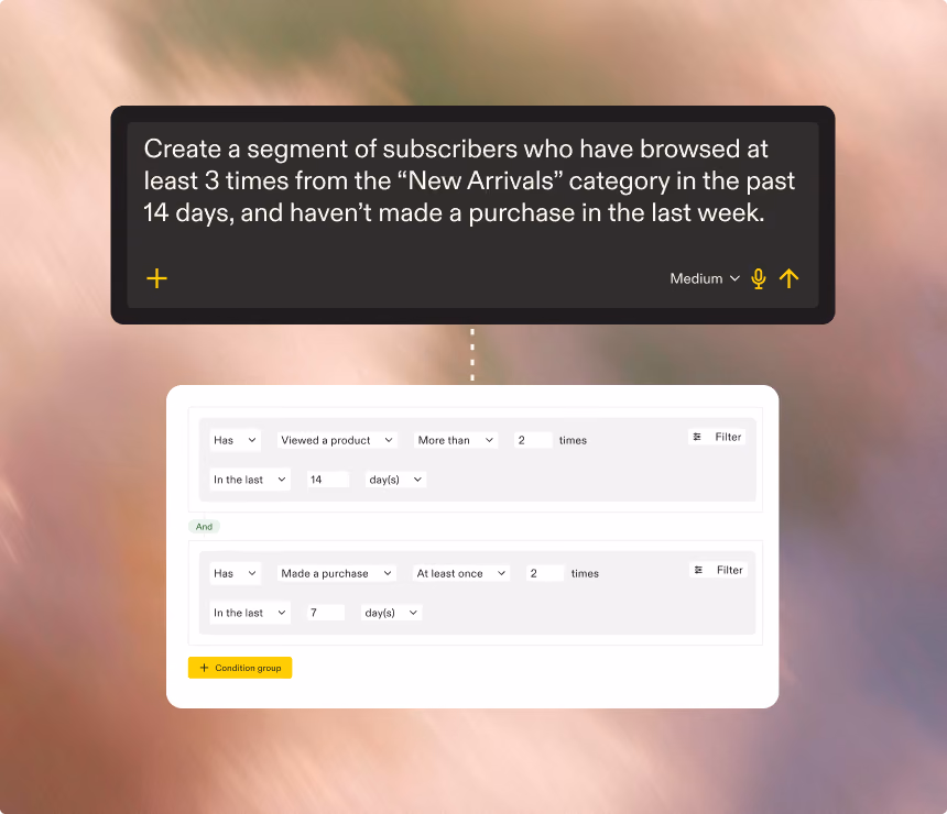 Interface showing instructions to create a subscriber segment who browsed at least 3 times in the 'New Arrivals' category in past 14 days and haven't purchased in last week, with filter settings for viewed a product more than 2 times in last 14 days and made a purchase at least once in last 7 days.