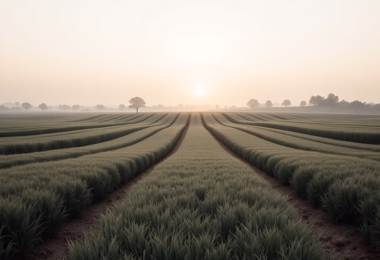 image of farmland with sunrise