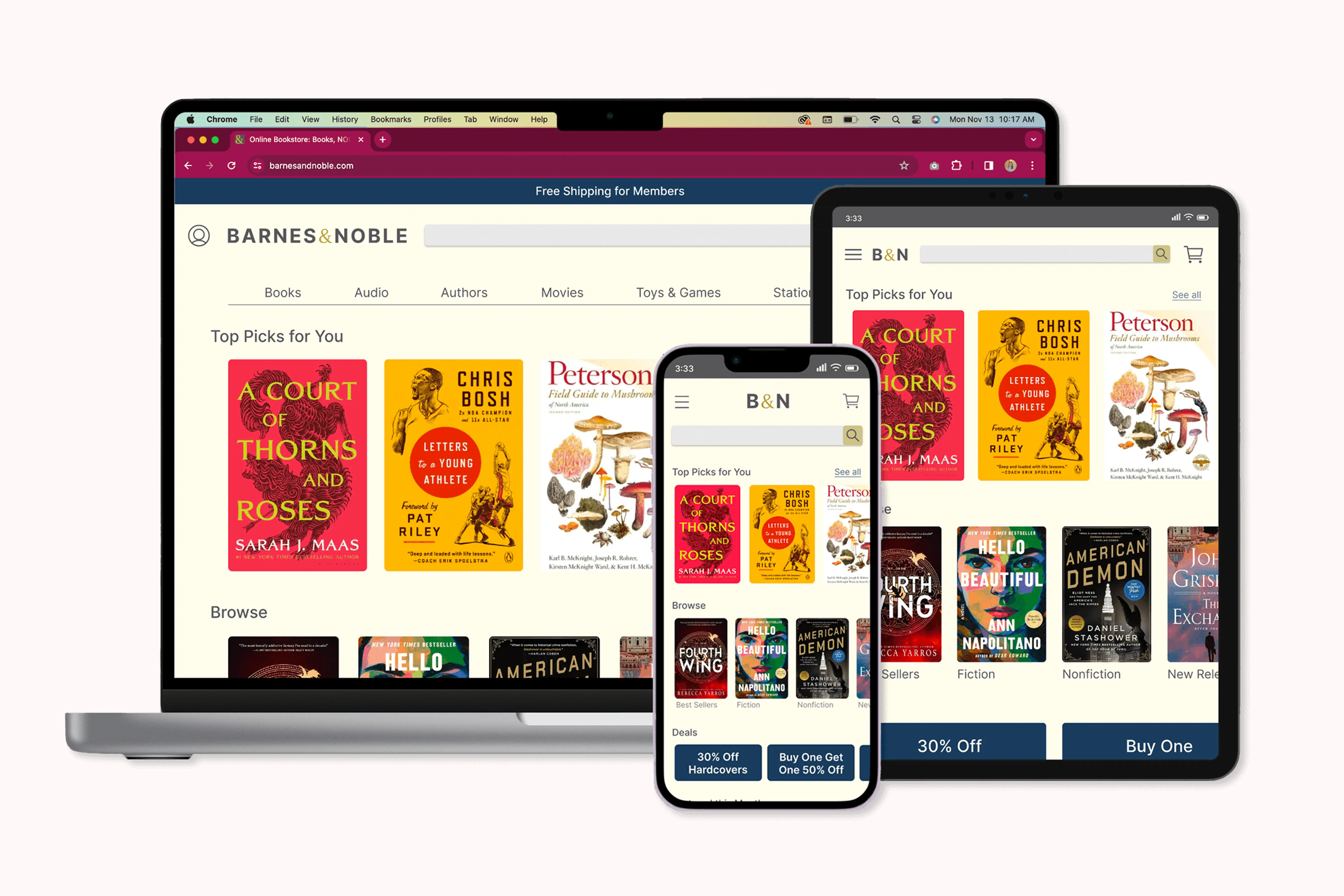 Desktop, tablet and mobile mockup of Barnes & Noble redesigned website.