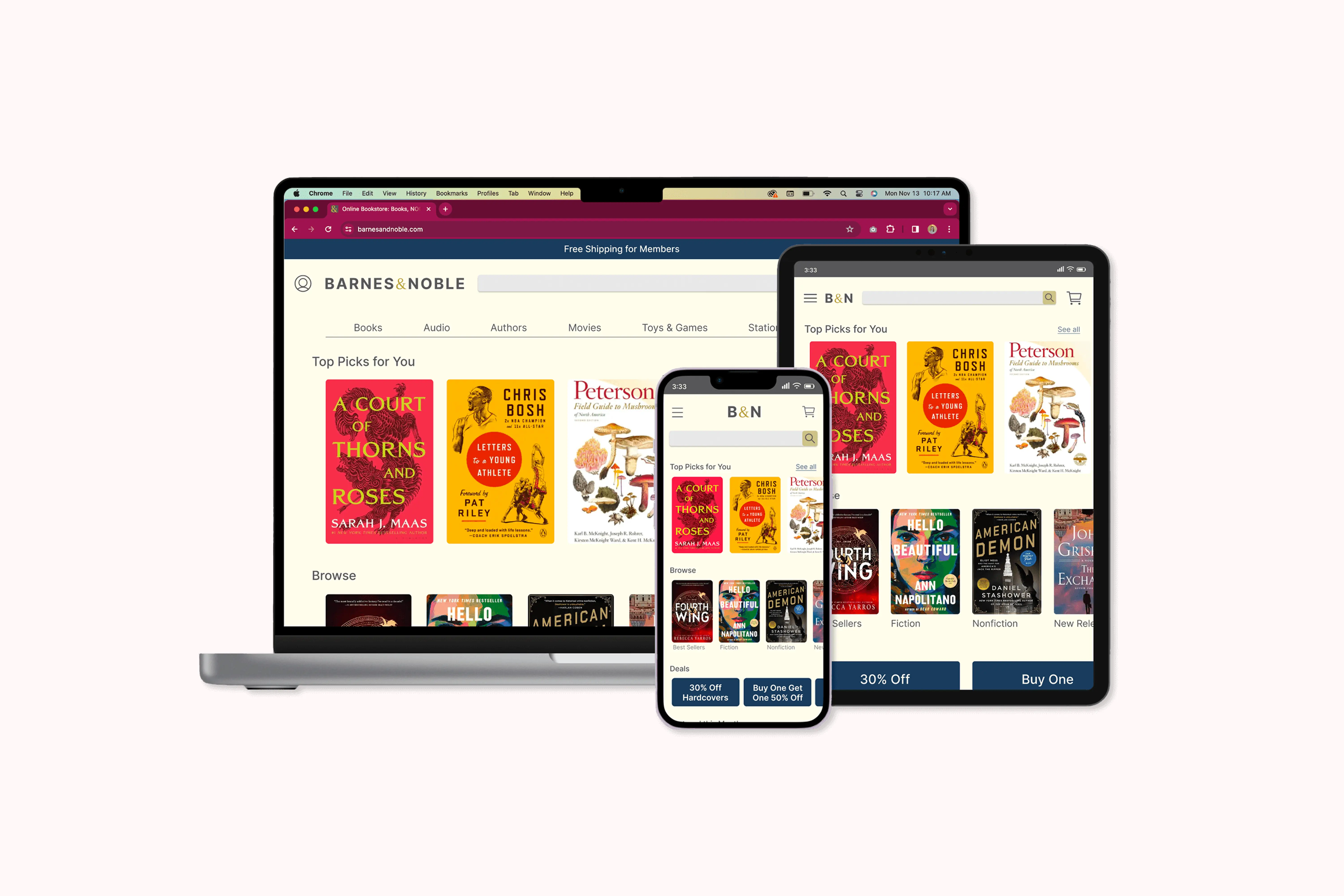 Desktop, tablet and iPhone mockup of Barnes & Noble redesigned website.