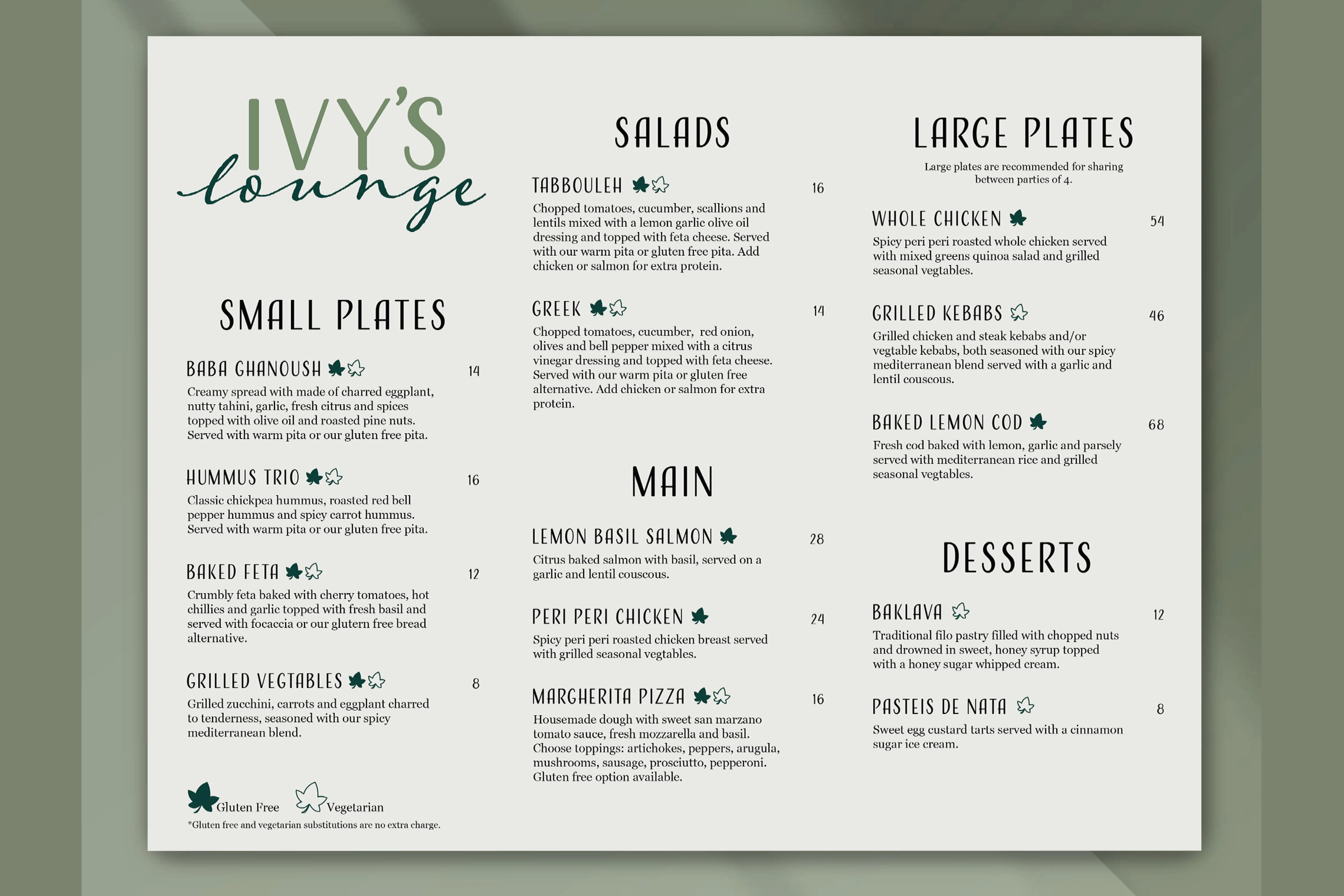 Ivy's Lounge menu mockup.