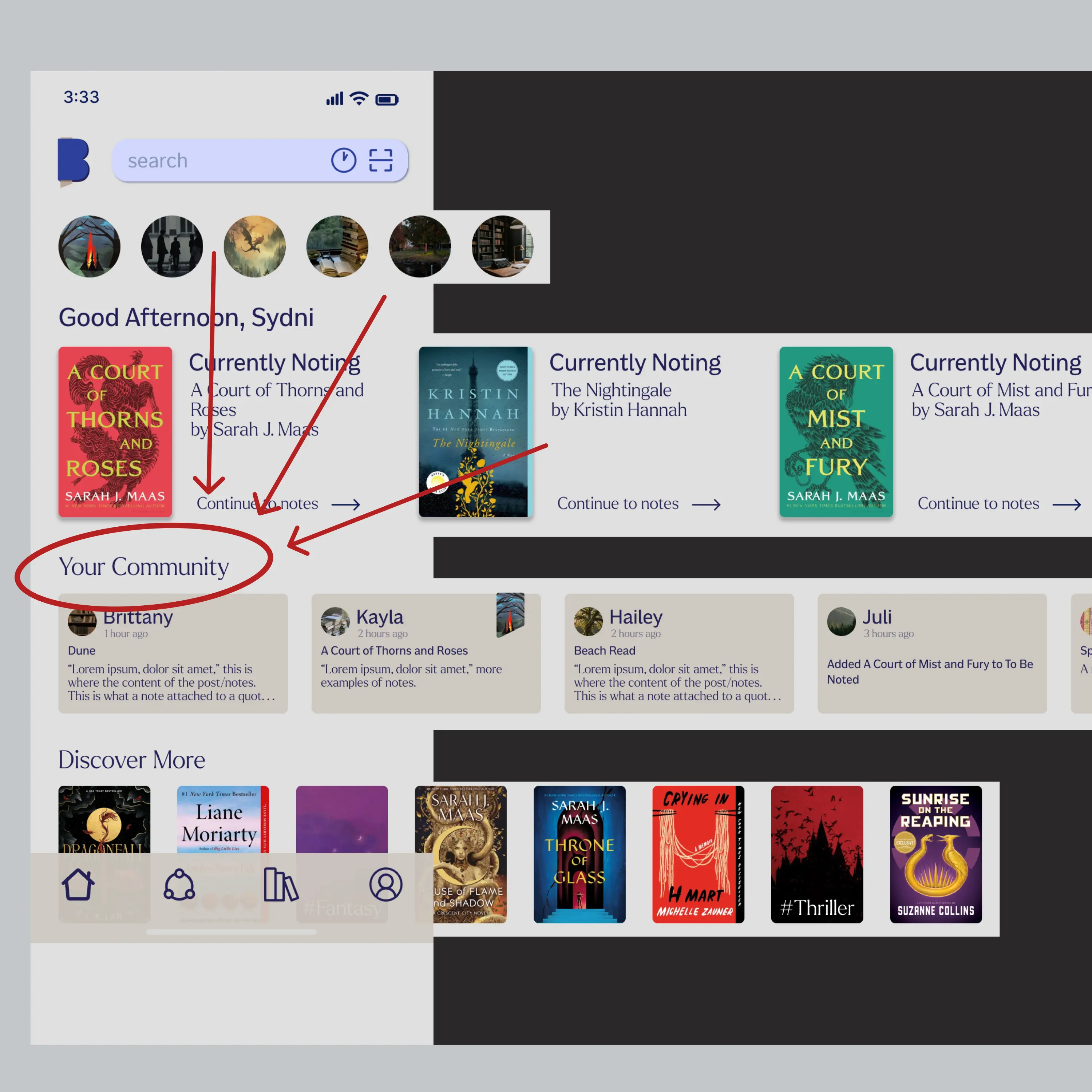 Screenshot of BookMark homepage with circle and arrows on the community addition.