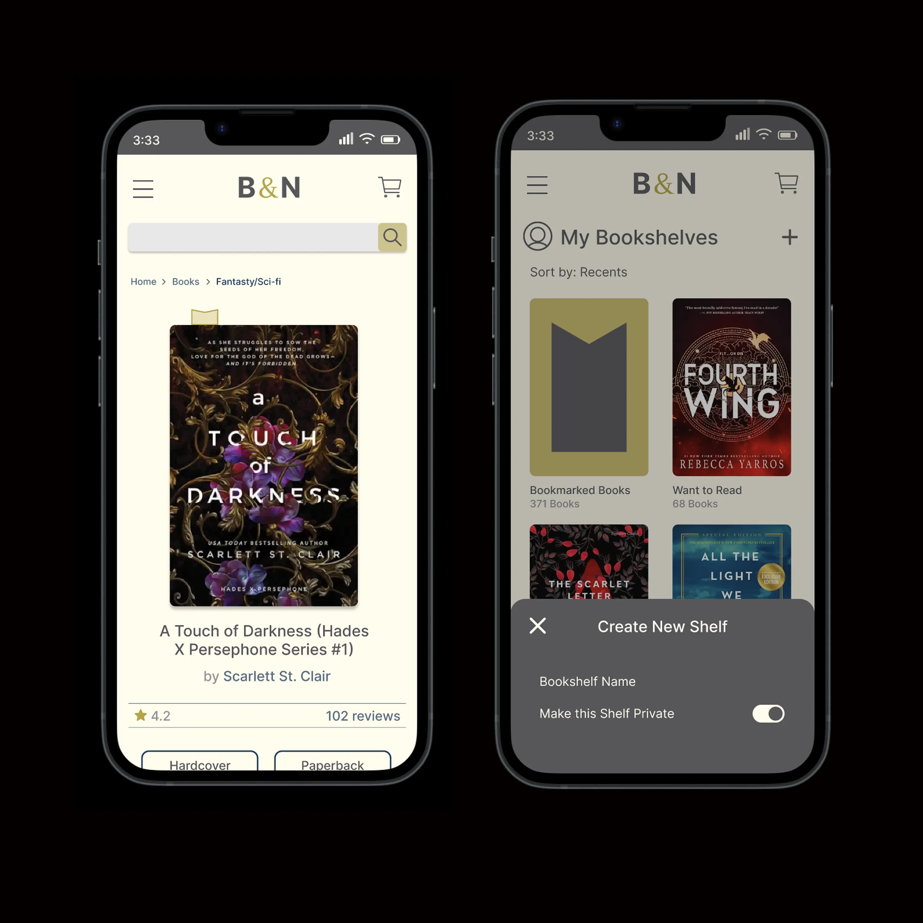 Two iPhone mockups showing a book product page and a bookshelf page on Barnes & Noble's redesign site.