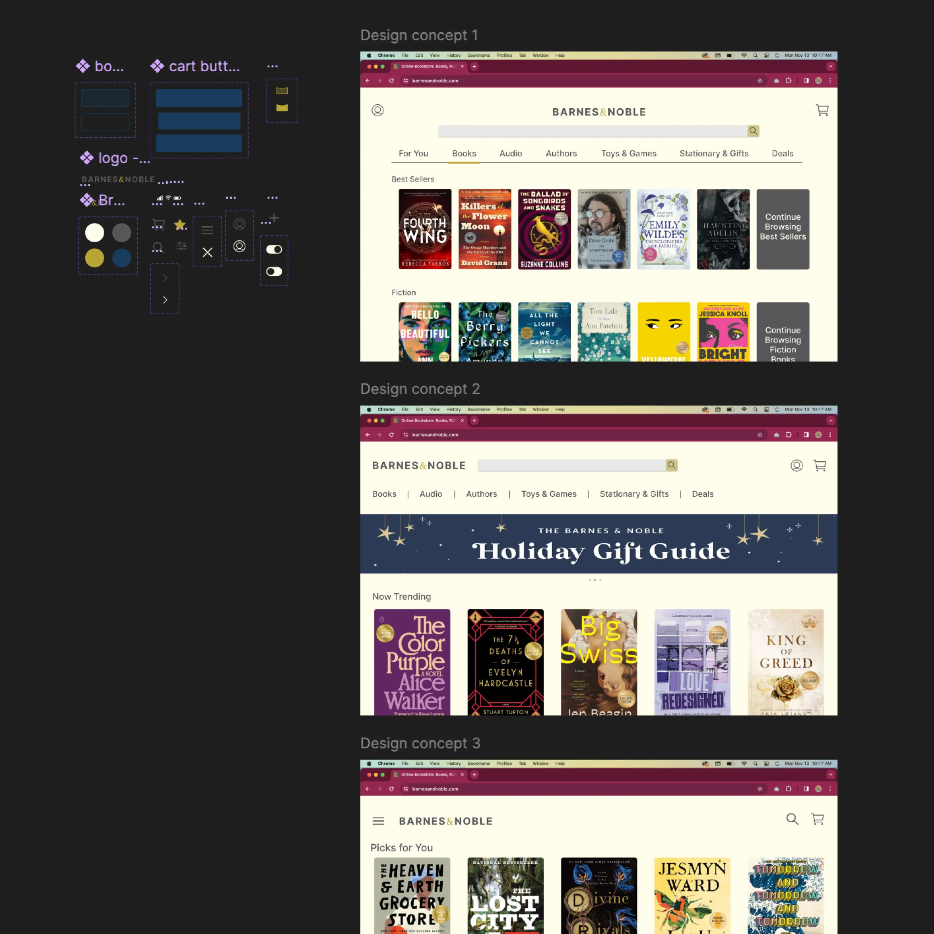 A screenshot showcasing three design options for Barnes & Noble redesign in desktop format.