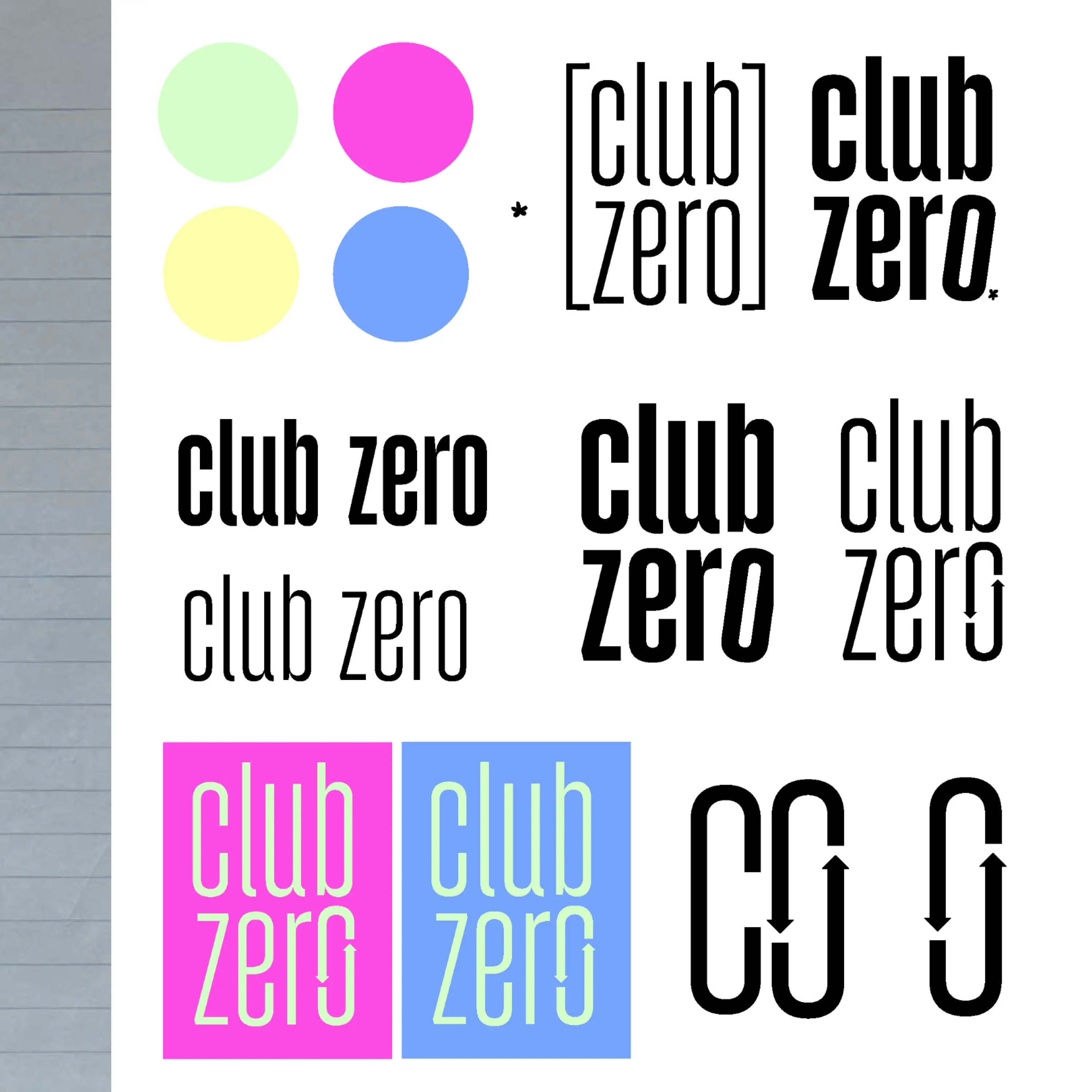 Club Zero brand logo ideation board.