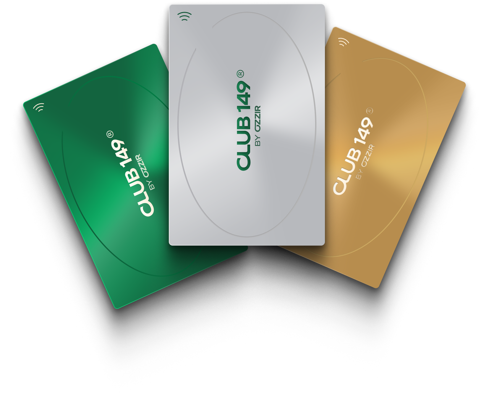 Cartes digitales Club149™ or, argent et vert illustrant les différents statuts d’investissement, compatibles Apple Wallet et Google Wallet avec connexion NFC.