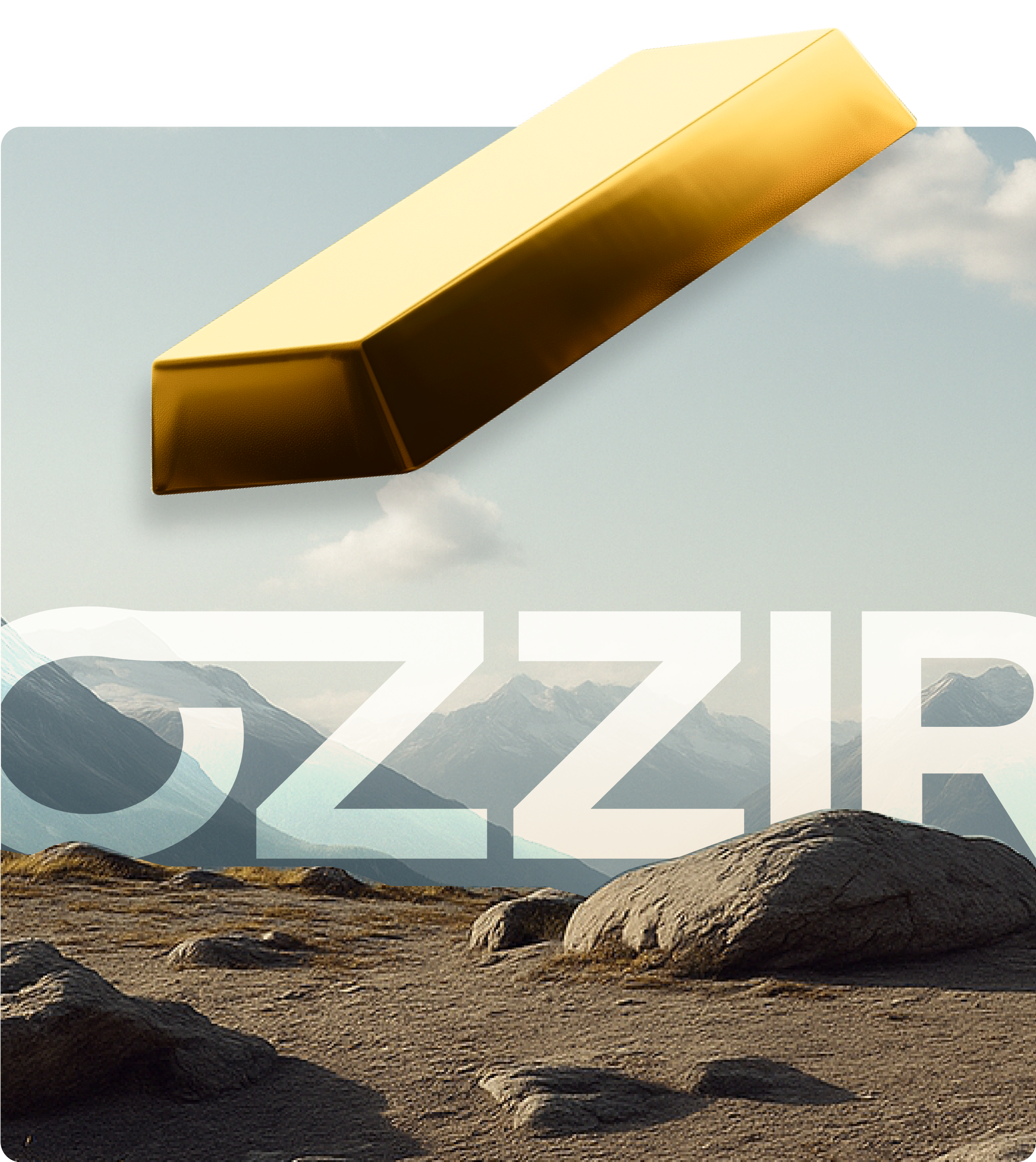 Lingot d’or flottant au-dessus d’un paysage alpin rocheux, avec le mot OZZIR en transparence, illustrant la solidité et la valeur tangible des actifs soutenus par la marque.