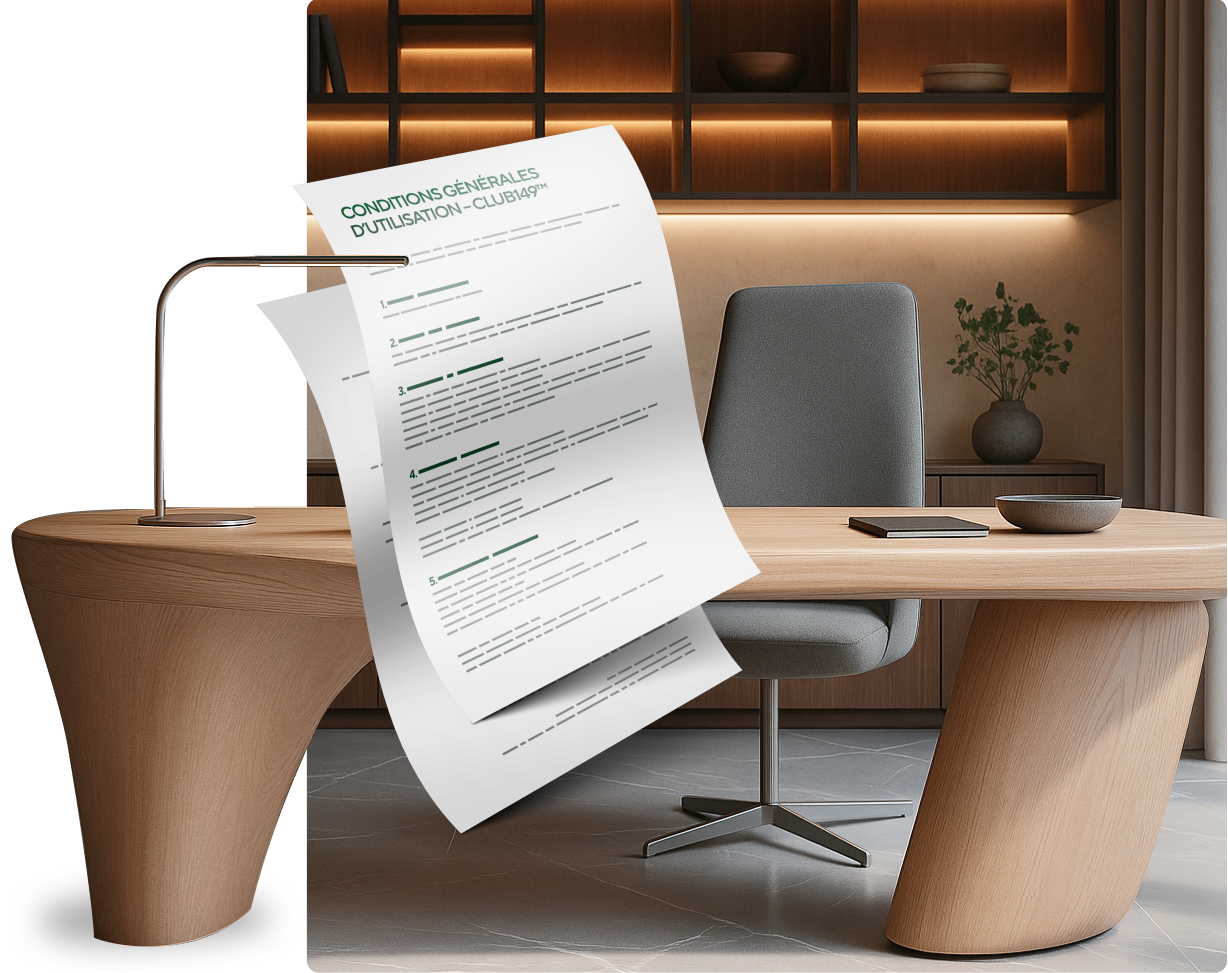 Bureau élégant avec fauteuil vide et document flottant intitulé “Conditions Générales d’Utilisation – Club149™”, symbolisant la transparence contractuelle de l’offre.