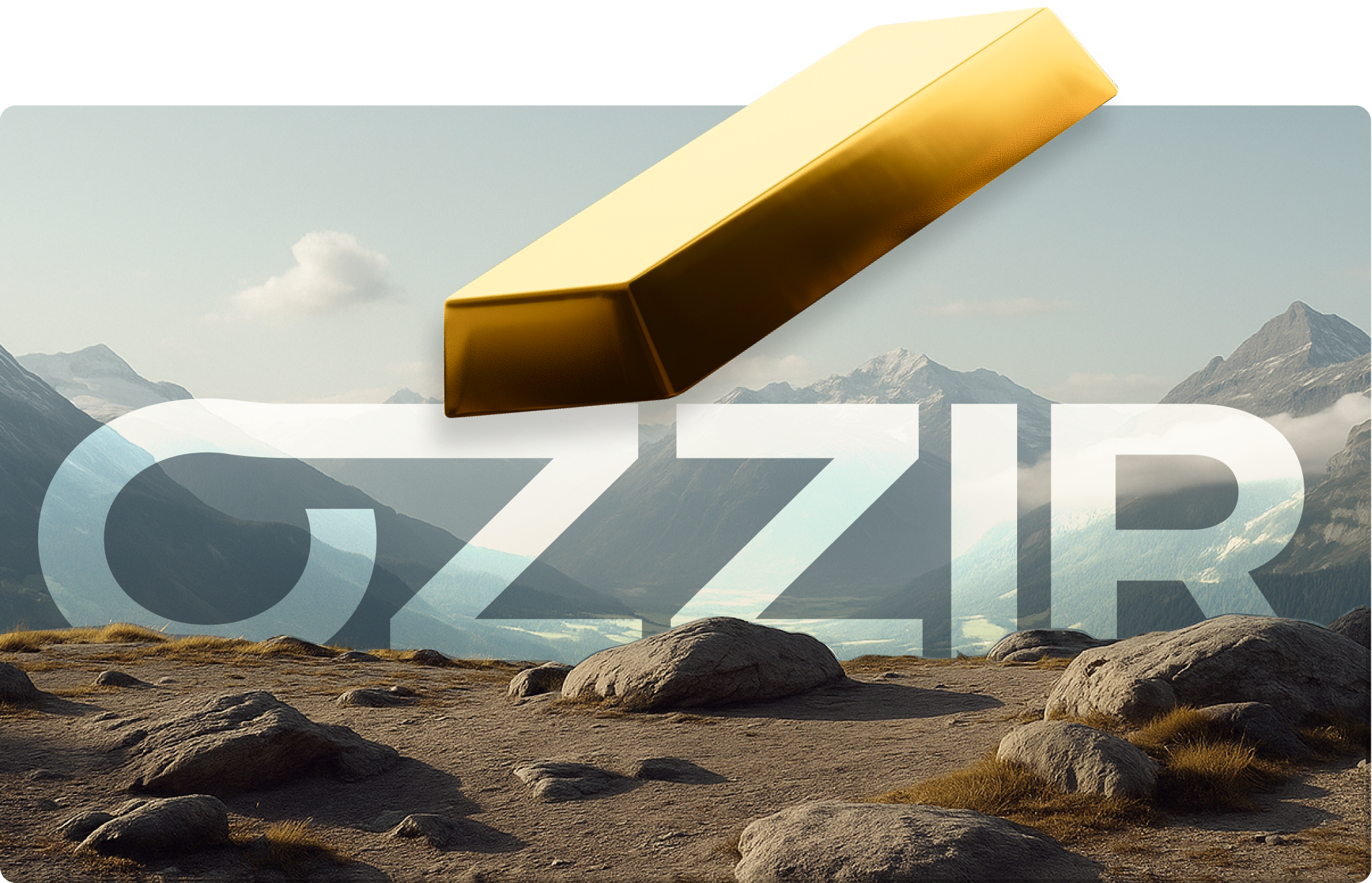 Lingot d’or flottant au-dessus d’un paysage alpin rocheux, avec le mot OZZIR en transparence, illustrant la solidité et la valeur tangible des actifs soutenus par la marque.