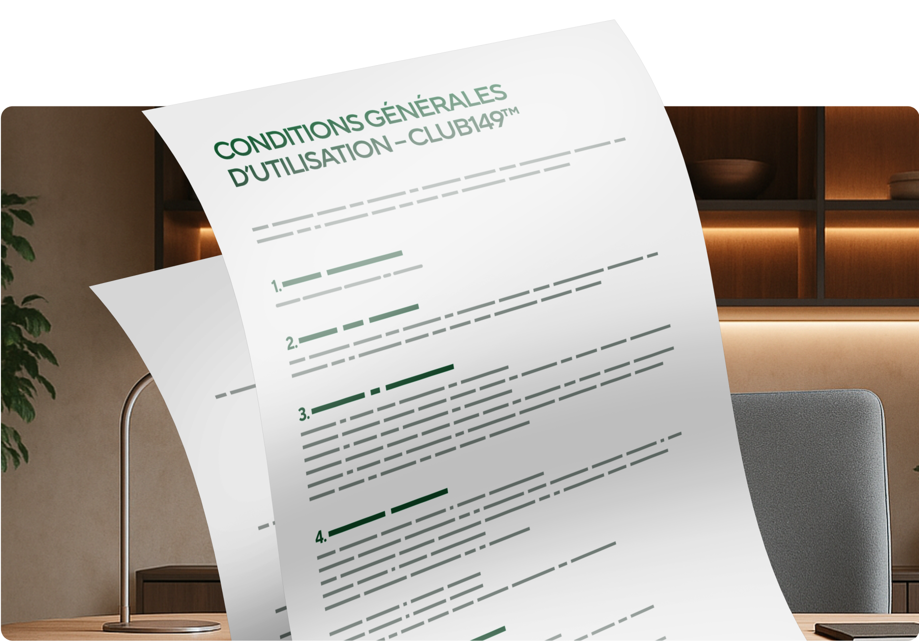 Bureau élégant avec fauteuil vide et document flottant intitulé “Conditions Générales d’Utilisation – Club149™”, symbolisant la transparence contractuelle de l’offre.