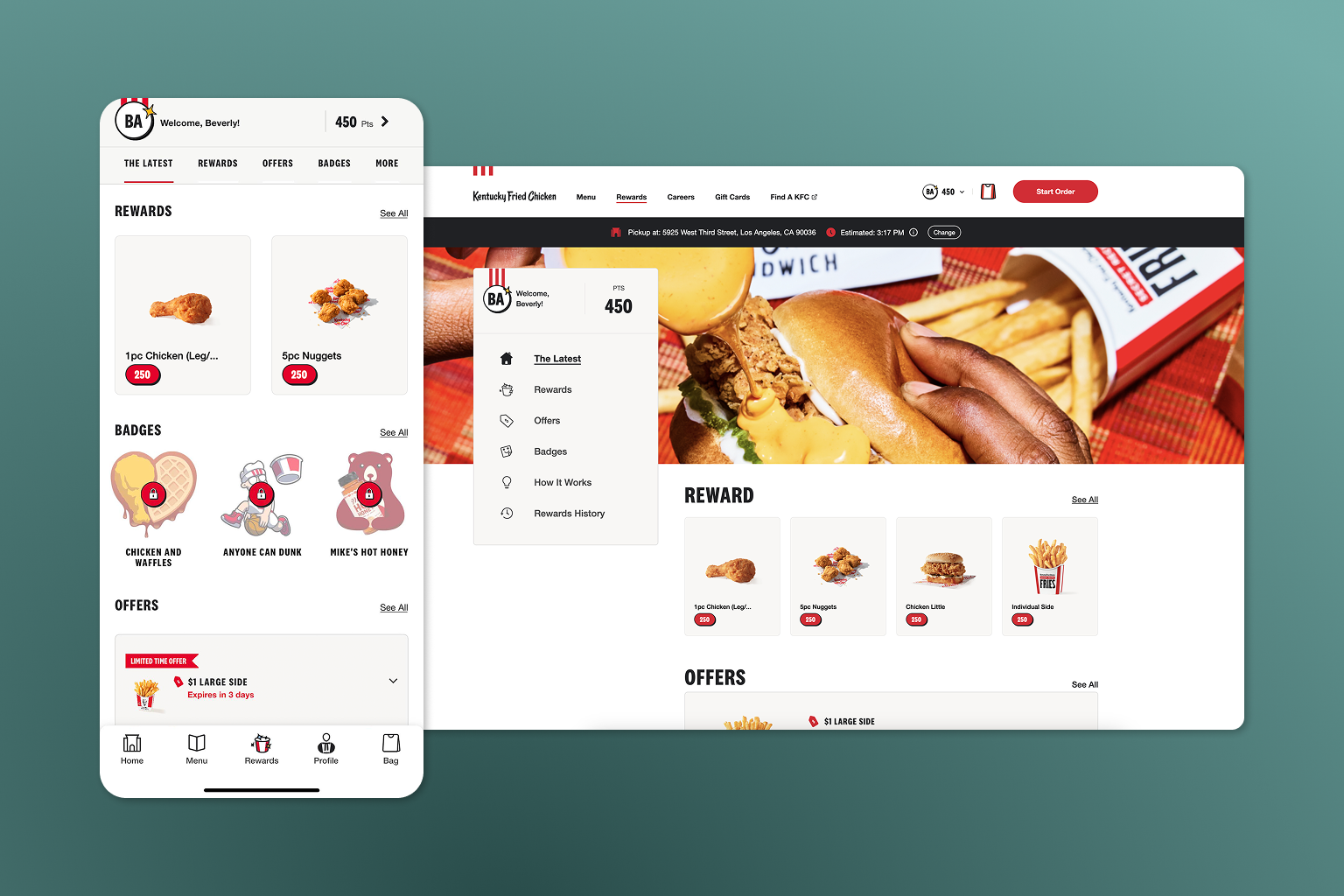 Mockup of phone and computer screens showing KFC's customer loyalty program