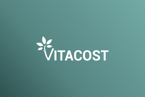 Vitacost logo in white on Marigold gradient background
