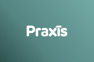 Praxis logo in white on Marigold gradient background
