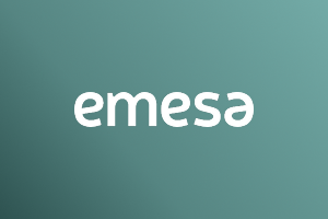 Emesa logo in white on Marigold gradient background