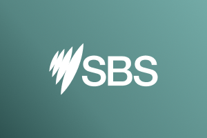 SBS logo in white on Marigold gradient background