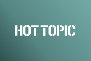 Hot Topic logo in white on Marigold gradient background