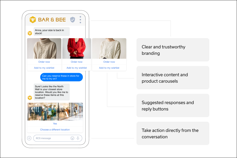Mockup of phone screen displaying RCS messages from retailer to customer