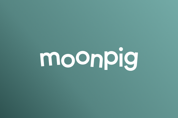 Moonpig logo in white on Marigold gradient background