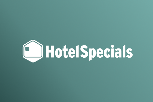 HotelSpecials logo in white on Marigold gradient background