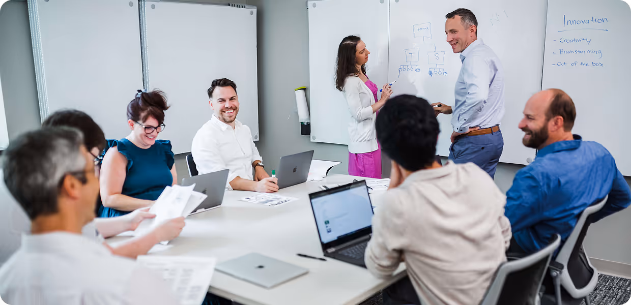Diverse group of six colleagues in a meeting room with laptops and papers, two writing on whiteboards labeled 'Innovation' and a flowchart.