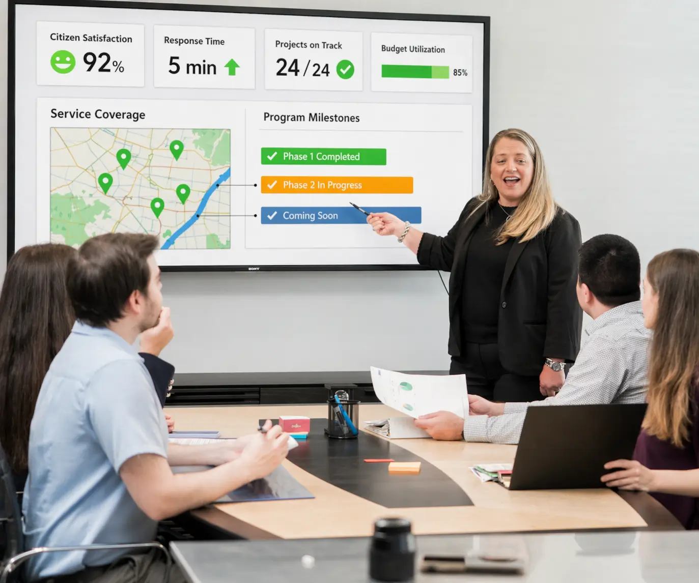 Woman in black presenting project status and key metrics including citizen satisfaction, response time, projects on track, budget utilization, and service coverage to a group in a conference room.