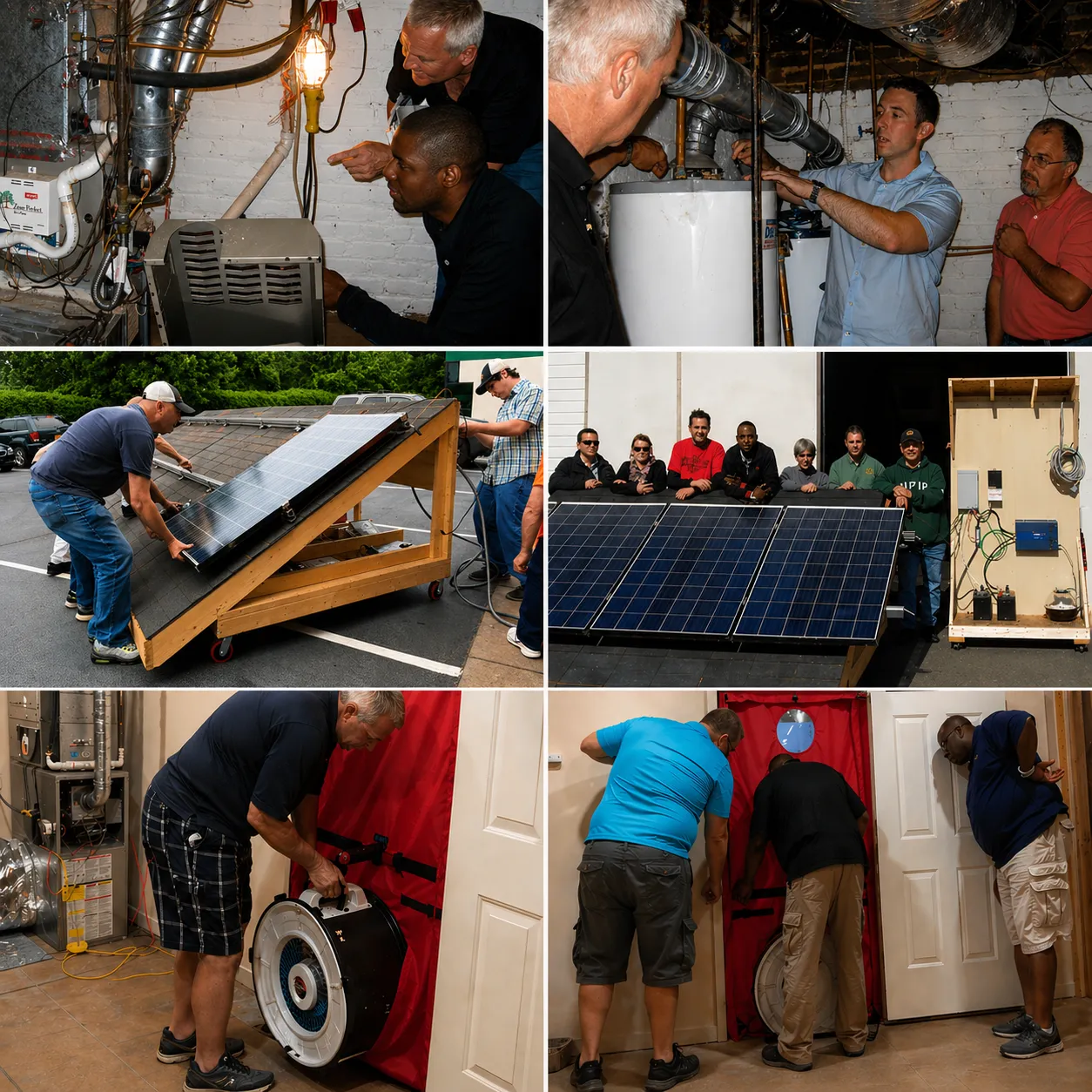 Collage of six images showing people working on HVAC systems, inspecting a water heater, installing solar panels on a wooden frame, a group posing with solar panels and electrical setup, and conducting a blower door test indoors.