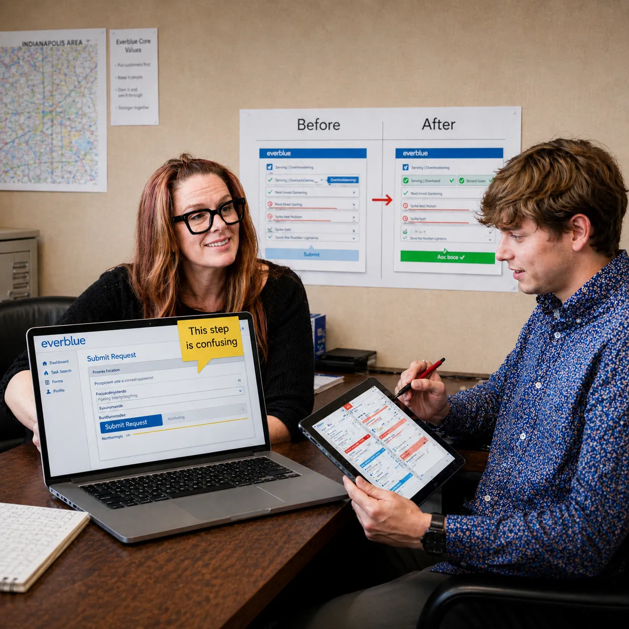 Two colleagues discuss user interface improvements with a laptop showing a confusing step note and a tablet displaying a detailed task list, alongside a before-and-after UI comparison on the wall.