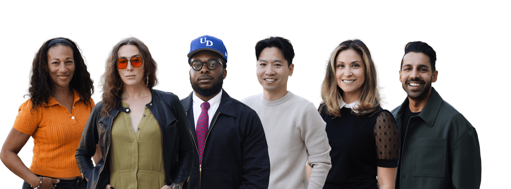 Diverse group of six smiling professionals in stylish casual attire