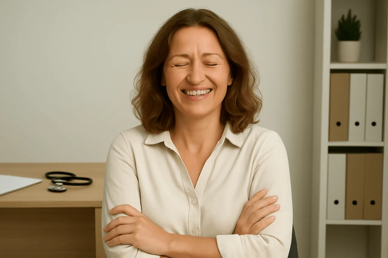 Eine Heilpraktikerin lacht mit geschlossenen Augen und verschränkten Armen – Ausdruck von Selbstvertrauen und innerer Stärke, wie sie durch Leadership Coaching, Praxisführung und Mindset Coaching bei Sabine Jechow gefördert werden.