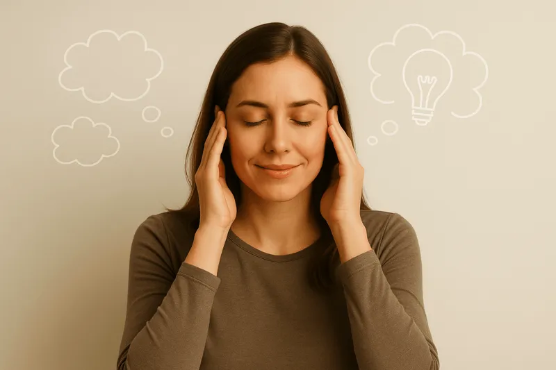 Eine junge Frau hält sich mit geschlossenen Augen die Schläfen, umgeben von Gedankenblasen – sie steht sinnbildlich für innere Klarheit und neue Denkansätze durch Achtsamkeitstraining und systemisches Coaching bei Sabine Jechow.