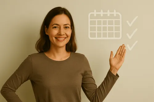 Eine junge Frau steht lächelnd vor einer Wand mit gezeichnetem Kalender und Häkchen – sie symbolisiert effizientes Zeitmanagement, Zielorientierung und Klarheit, wie sie im Personal Coaching, Karrierecoaching und Mindset Coaching bei Sabine Jechow gefördert werden.