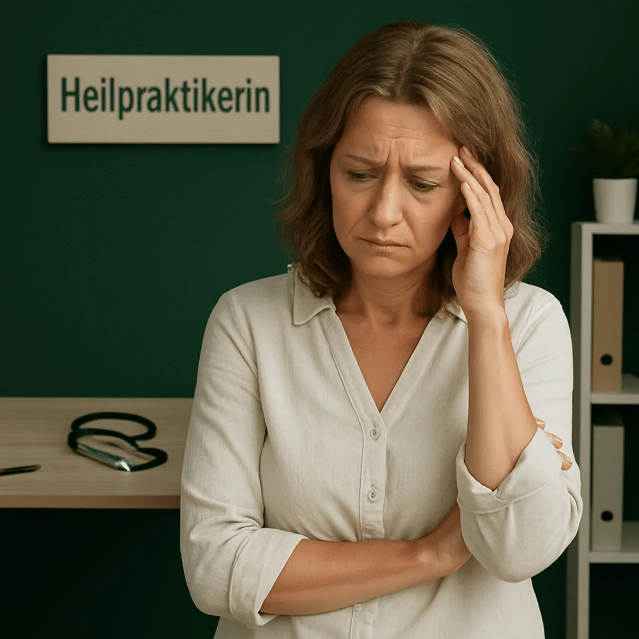 Nachdenkliche Frau im weißen Hemd vor einem Schild „Heilpraktikerin“ – diese Szene verdeutlicht emotionale Belastungen im Praxisalltag, die durch Mindset Coaching, Mentaltraining und Resilienz Coaching bei Sabine Jechow wirkungsvoll begleitet werden.